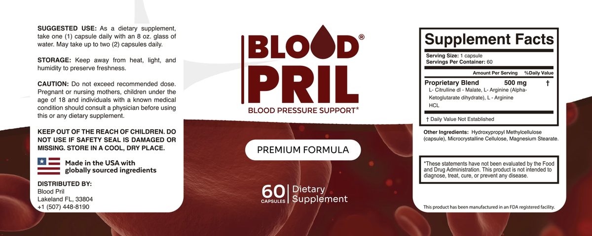 The printed BloodPril bottle label showing the Supplement Facts panel, suggested use and distributor details